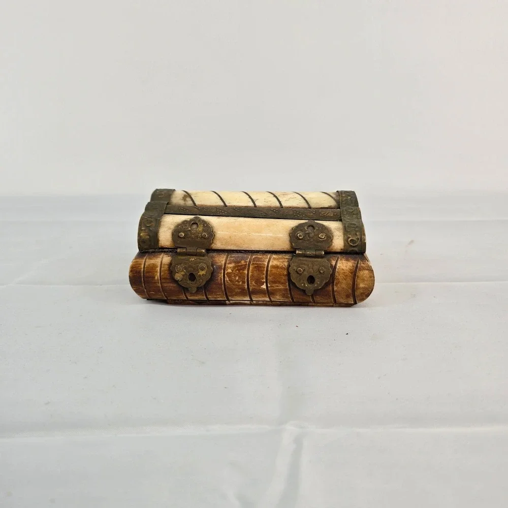 Vintage Camel Bone Trinket Box India Brass Inlay Velvet Lined Jewelry Chest